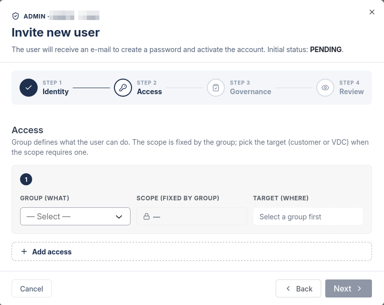 Step 2 of the invite, with the group, scope and target selectors