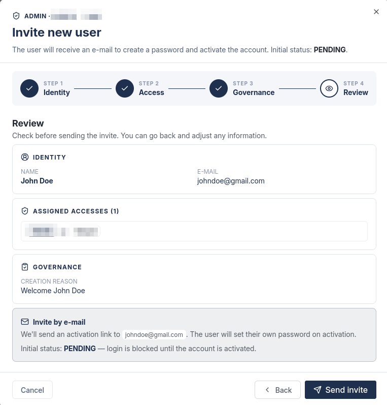 Passo 4 do convite, mostrando o resumo e o botão Send invite